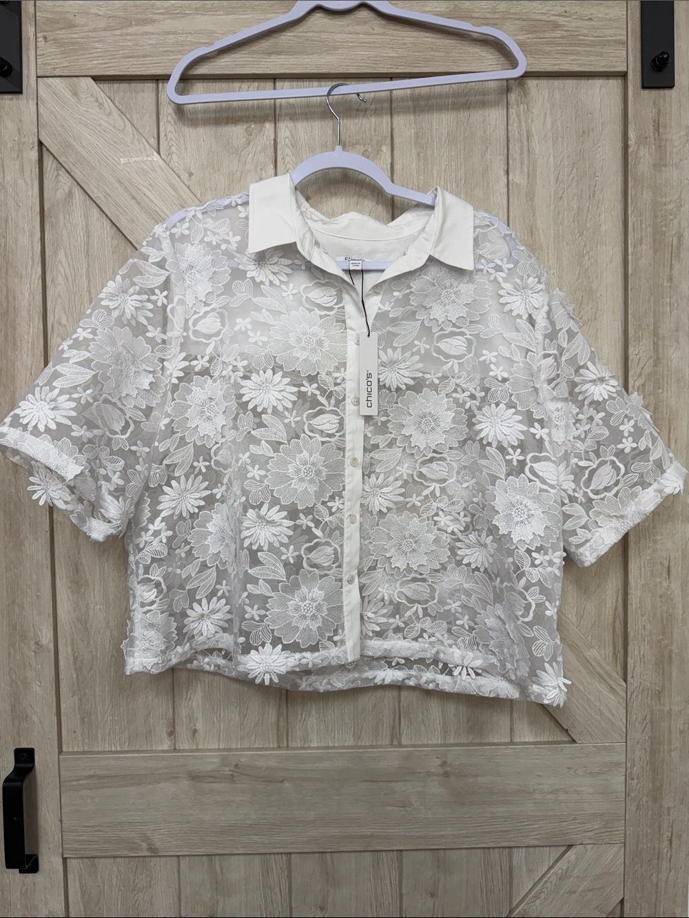 Chico's White Sheer Floral Lace Button-Front Blouse